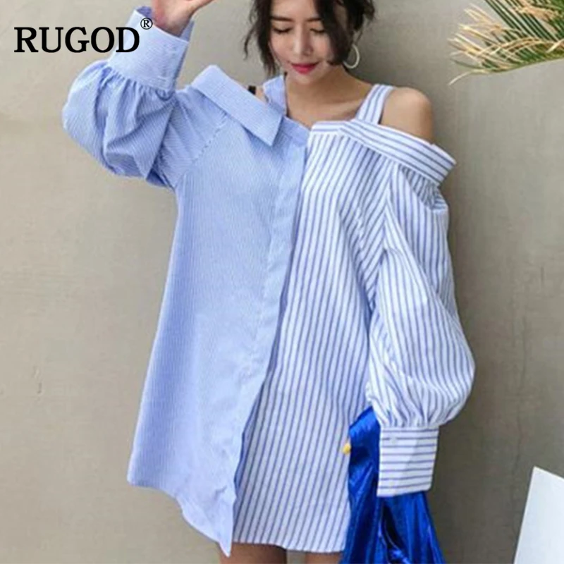 RUGOD 2018 Элегантная Лоскутная полосатая блузка Женская мода с открытыми плечами