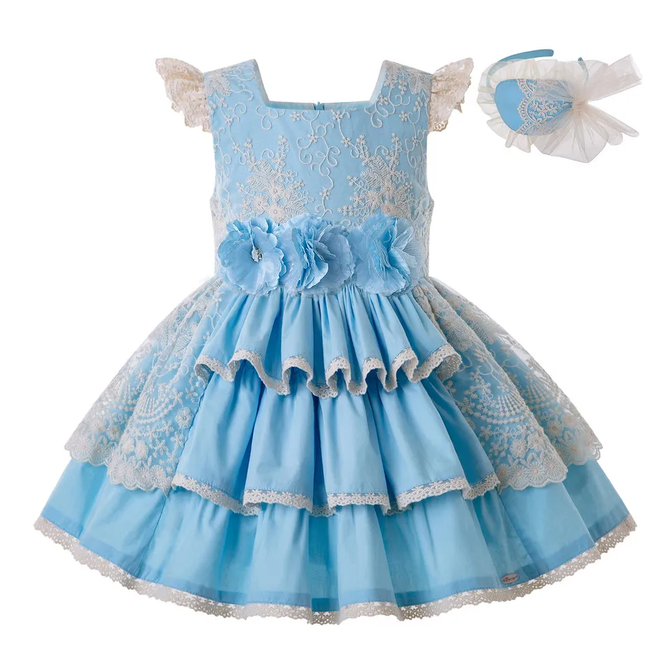 

Pettigirl Summer Blue Girl Dress With Layered Lace Flower Dress For Wedding Party Dress Lovely Children Clothes G-DMGD203-29