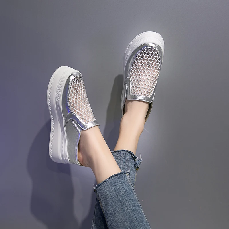 

Rimocy 2019 Summer New Wedges Sandals Women Air Mesh Slippers Lady Increase Height Platform Slides High Heel Silver Woman Shoes