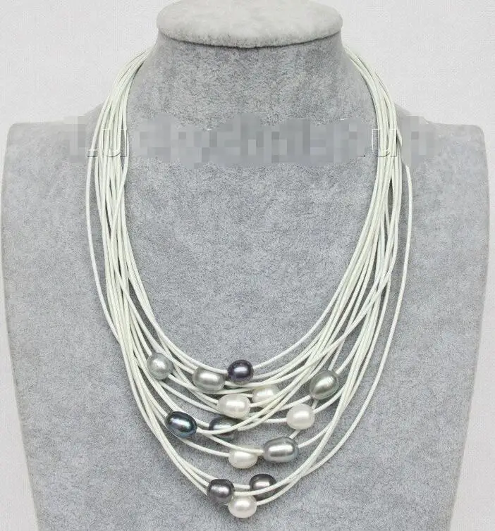 

Wholesale price 16new ^^^^^^17"-24" 13mm 15row white black gray pearls white leather nec