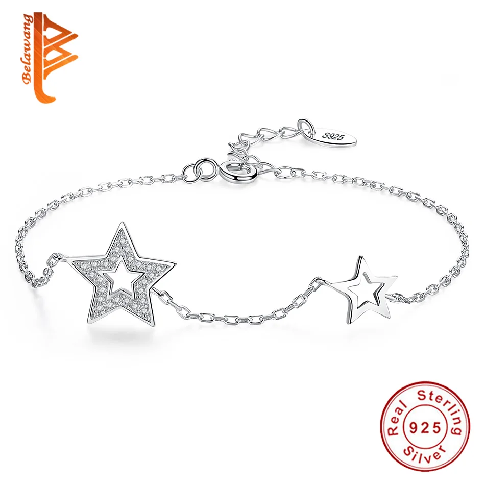 BELAWANG, 925 пробы, серебряный браслет, регулируемая цепочка, CZ Кристалл, звезда, очаровательный браслет для женщин, роскошные серебряные ювелирные изделия