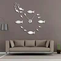 Fish With Bubble DIY Giant Wall Clock Mirror Effect Wall Art Home Decor Aquarium Decoration Frameless Big Needle Clock Watch 1