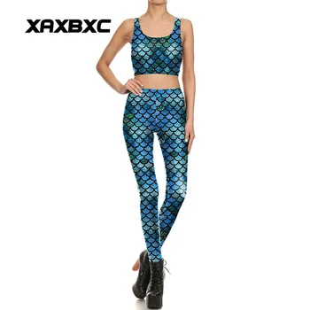 

NEW 1649 Sexy Girl leggins Blue shiny scale mermaid Cosplay 3D Print Women Leggings Crop Top Vest Sets Fitness Workout Suit