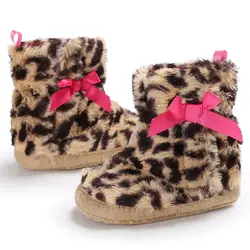 Зимние теплые Leopard прекрасные детские сапоги с розовым бантом для маленьких девочек сапоги мягкой подошвой детская обувь для девочек