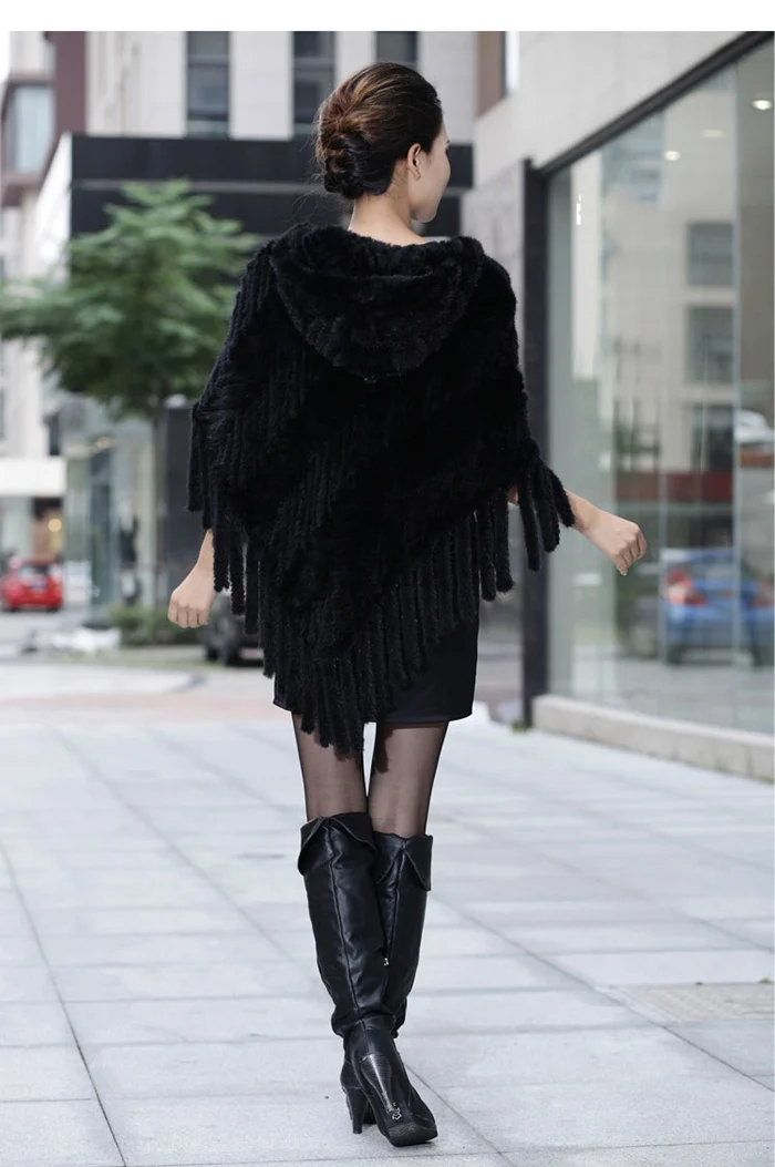 women mink fur poncho with hoody real natural fur(3)