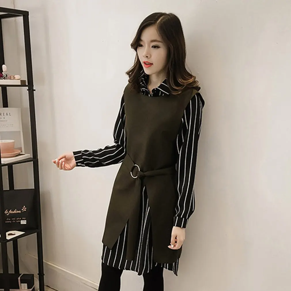

2 Pieces Set Women Dress Suit Office Sets Spring Autumn Tracksuit Striped Shirt Wool Vest Dress Split Dress Female Outfits