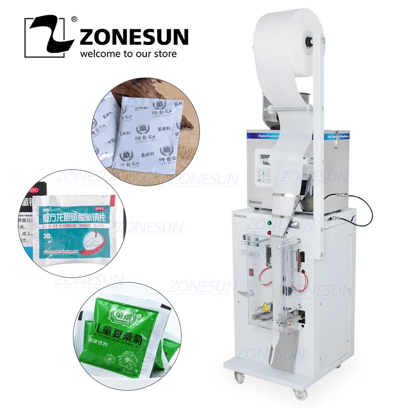 

ZONESUN Automatic 1-50G Dry And Massive Power Filling Hardware Nut Automatic Powder Tea Surge Sealing Packing Machine