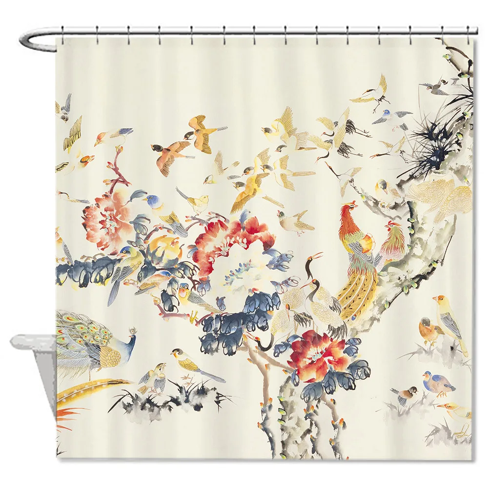 Hundred Flying Birds Waterproof Anti bacterial Bathroom Shower Curtain