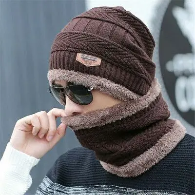 RUHAO Skullies Beanies 2pcs ski cap scarf cold warm leather winter hat for women men Knitted hat Bonnet Warm Cap - Цвет: Coffee