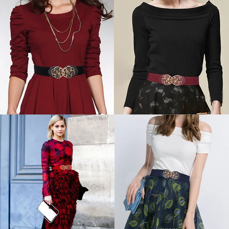 Hot Women Wide Waist Belt Vintage Metal Flower Elastic Stretch Buckle Waistband Cummerbunds black waist belt