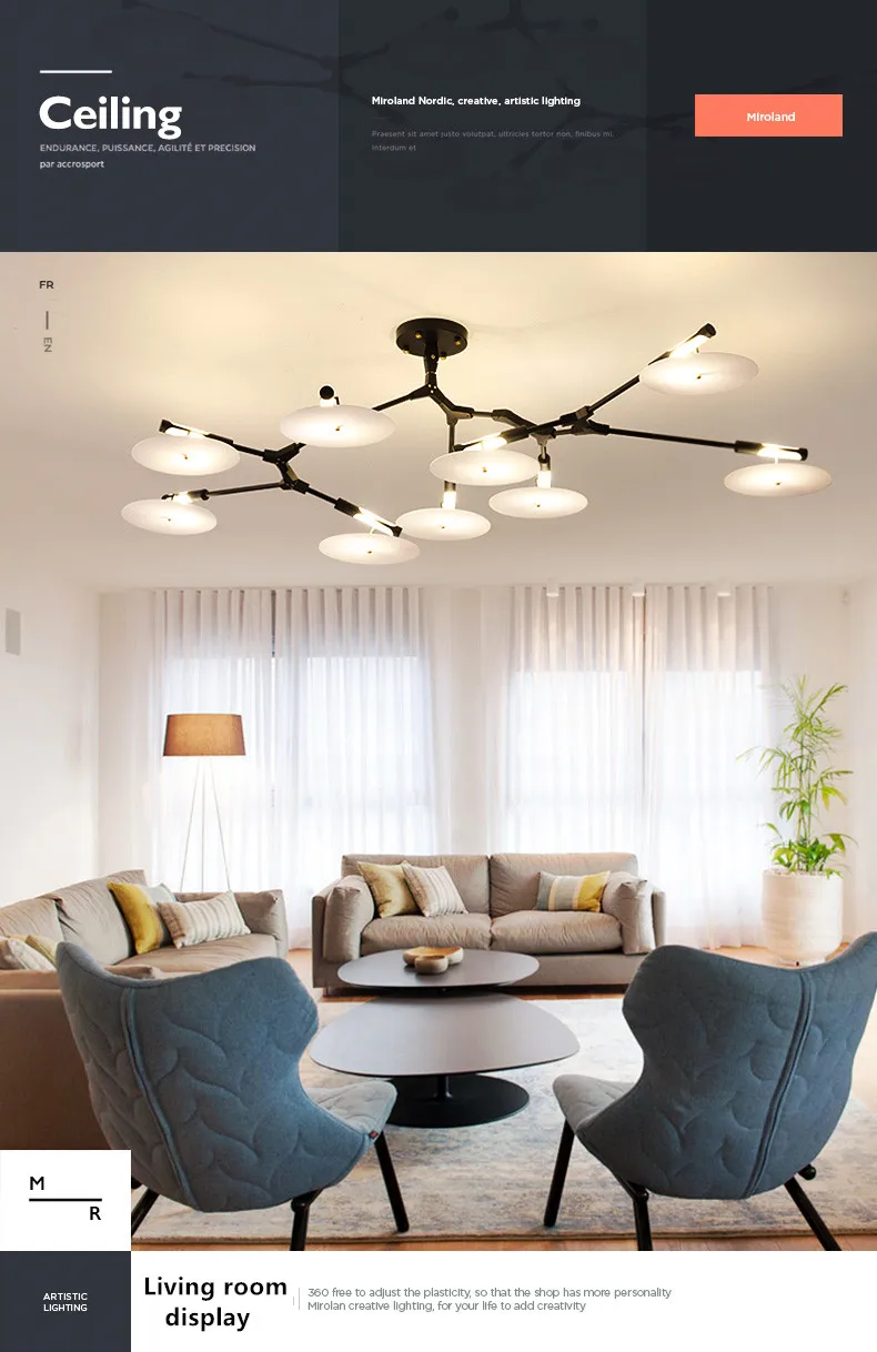 Postmodern LED living room chandelier ceiling bedroom hanging light home lighting Nordic deco fixtures Gold/black suspended lamp