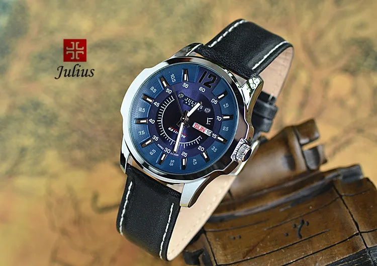 Julius Топ Homme мужские часы изысканные модные часы браслет кожаный спортивный Авто Дата Ретро мальчик подарок на день рождения 017