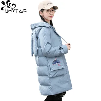 

UHYTGF Winter parka Jacket Women's luxury Down Jacket Slim outerwear Rabbit ears Hooded Cotton Coat Thicken Warm long Jacket I