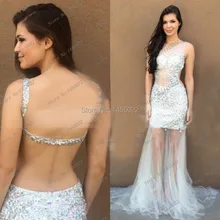 2015 heißer Verkauf Mermaid Scoop Strass Pailletten Silber Ballkleider Mit Perlen Kristall Sehen Durch Lange Open Back Abendkleid