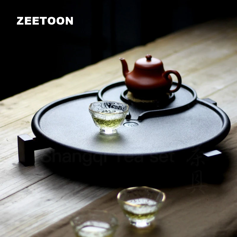 

Kung Fu Tea Set Round Stone mill Tea Tray Small Household Ceramic Drainage Coarse Pottery Pot Bearing Tea Ceremony Accessories