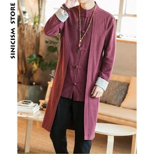 Sinicism Store Мужской плащ, мужское однотонное длинное пальто, верхняя одежда для мужчин, китайский стиль, хлопок, Повседневный, имитация двух частей, ветровка
