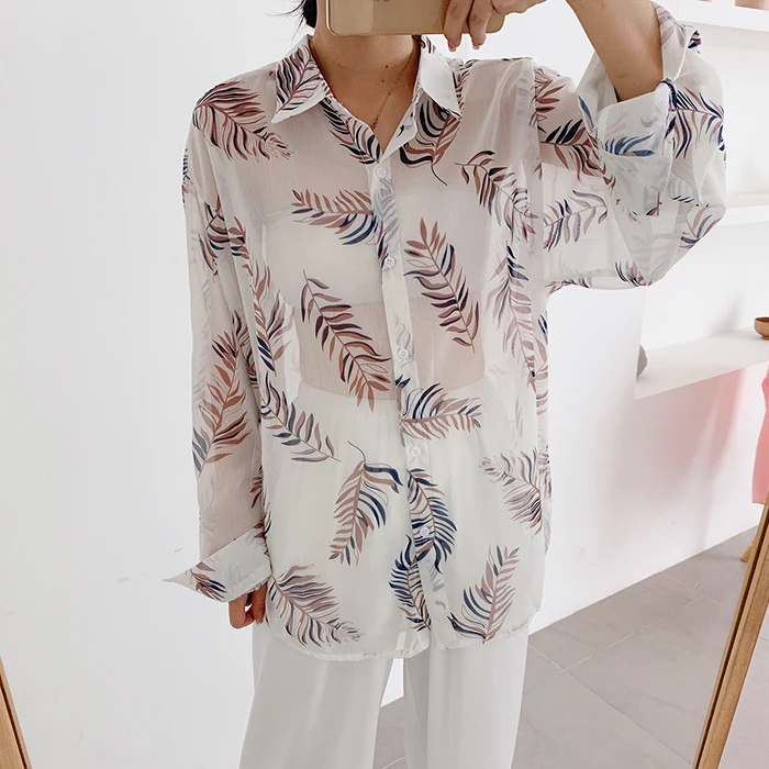 

GRUIICEEN korean single breasted casual printing women blouses long sleeve thin blouse 2019 shirt GY2018690