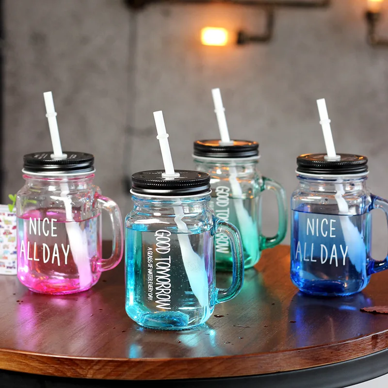 Gradient Blue Letter Glass Mason Jar Mug with Lid and