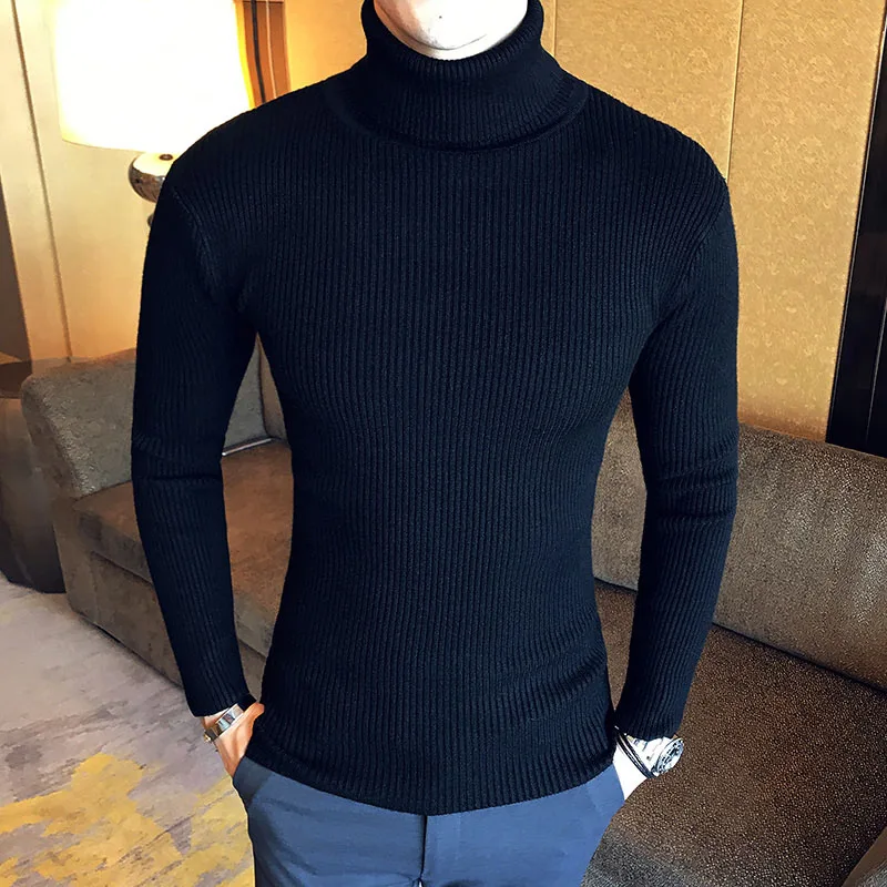 Men's High Neck Thick Warm Winter Sweater Black