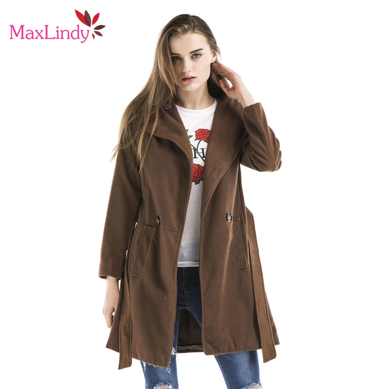 MaxLindy Women Woolen Coat Casual Lady Overcoat Long Solid Turndown