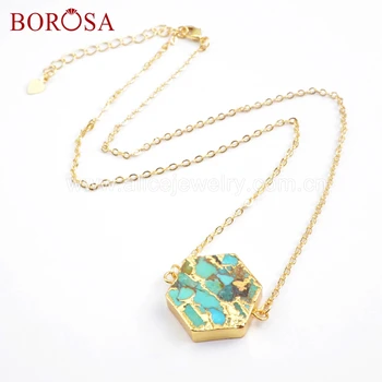 

BOROSA 5PCS Hexagon Shape Gold/Silver Color Copper Turquoises Connector Natural Stone Double Charms for Necklace Jewelry G1698