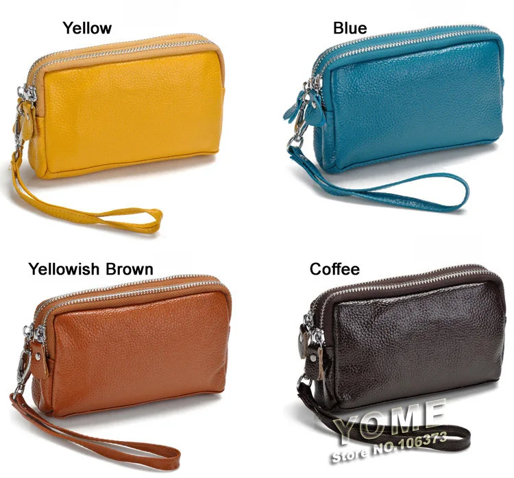 Genuine Leather Women Coin Purse Double Zipper Mobile Bag Lady Clutch Wristlet Bags, easy for carry clutches, Wholesale