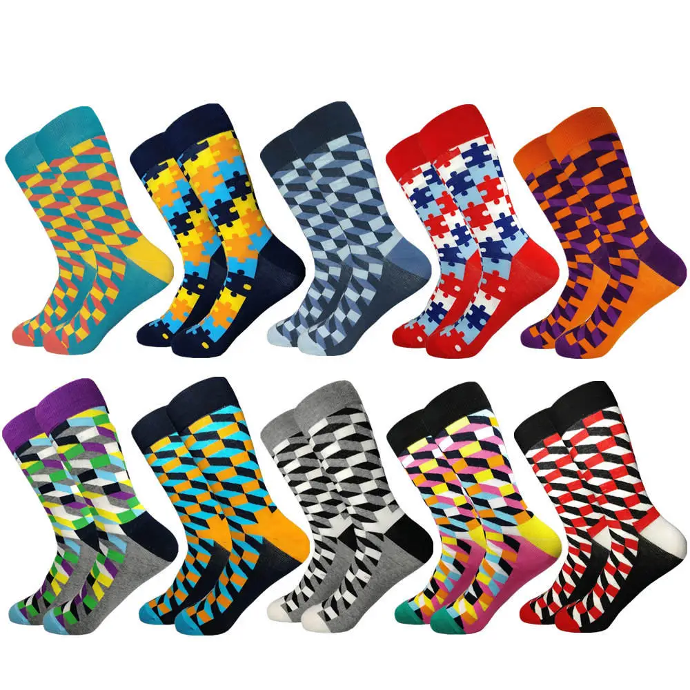 10 pairs of socks Горячая Распродажа повседневные мужские носки новые носки Осень и зима клетчатые Цветные счастливые деловые вечерние Хлопковое носки мужские - Цвет: 10 pairs of socks