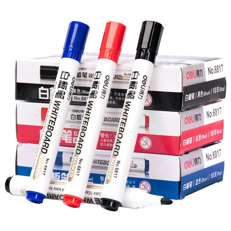Deli Whiteboard Marker Pen Black Blue Red Vivid Color Easy Erasing Marker Glass Pens School