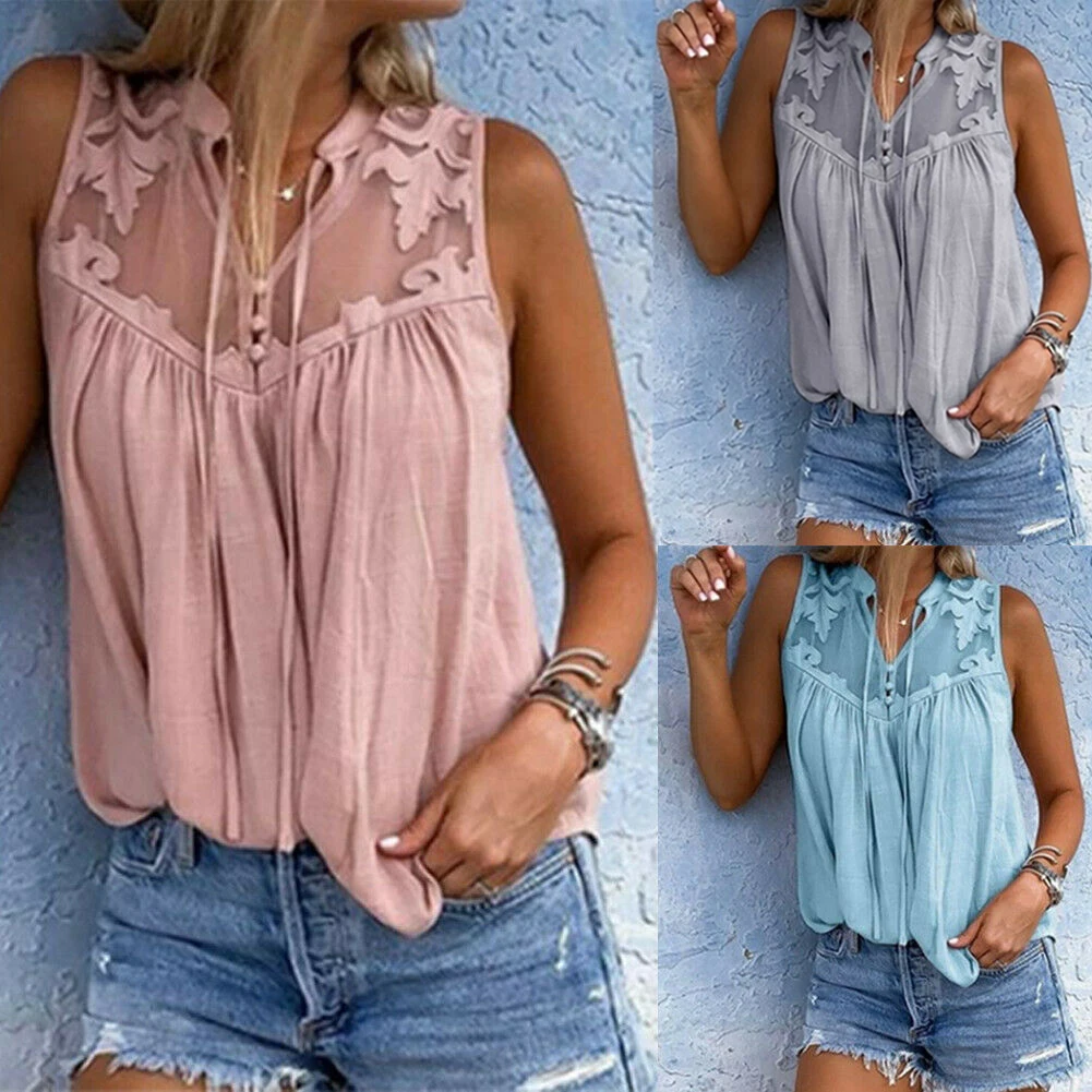 

Plus Size L-4XL Womens Summer Sleeveless Shirt Blouse Casual Loose Ladies Button Lace Floral Shirts Summer Woman Clothing