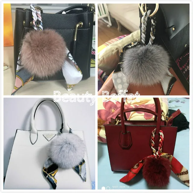 ZHSH 3.5 inches Fox Fur Pom Pom Keychain for Women, Silk Ribbon Bow Scarf  Charm Accessory with Golden Keyring for Backpack Handbag (B) at   Women's Clothing store