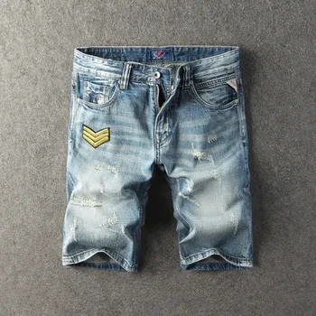 

Summer Fashion Men Short Jeans Blue Color Patch Designer Ripped Jeans Men Denim Shorts Streetwear Hip Hop Jeans Shorts hombre