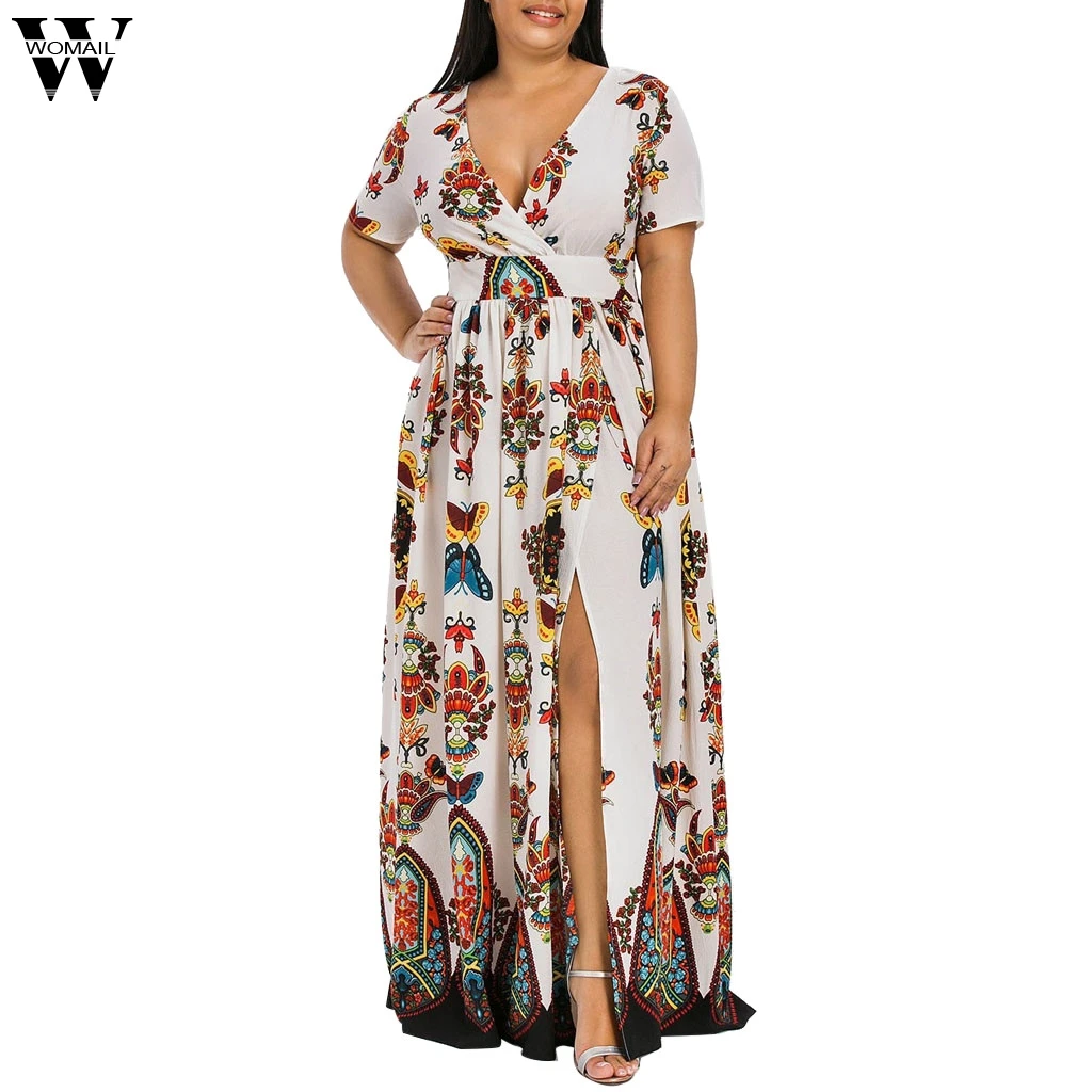 Womail женское платье большого размера модное платье с принтом бабочки с v-образным вырезом и коротким рукавом повседневное длинное платье осенние платья XL-5XL