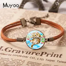 Кот кожаный браслет Круглый Стеклянные Браслеты кулон ручной работы ювелирные изделия из кабошонов