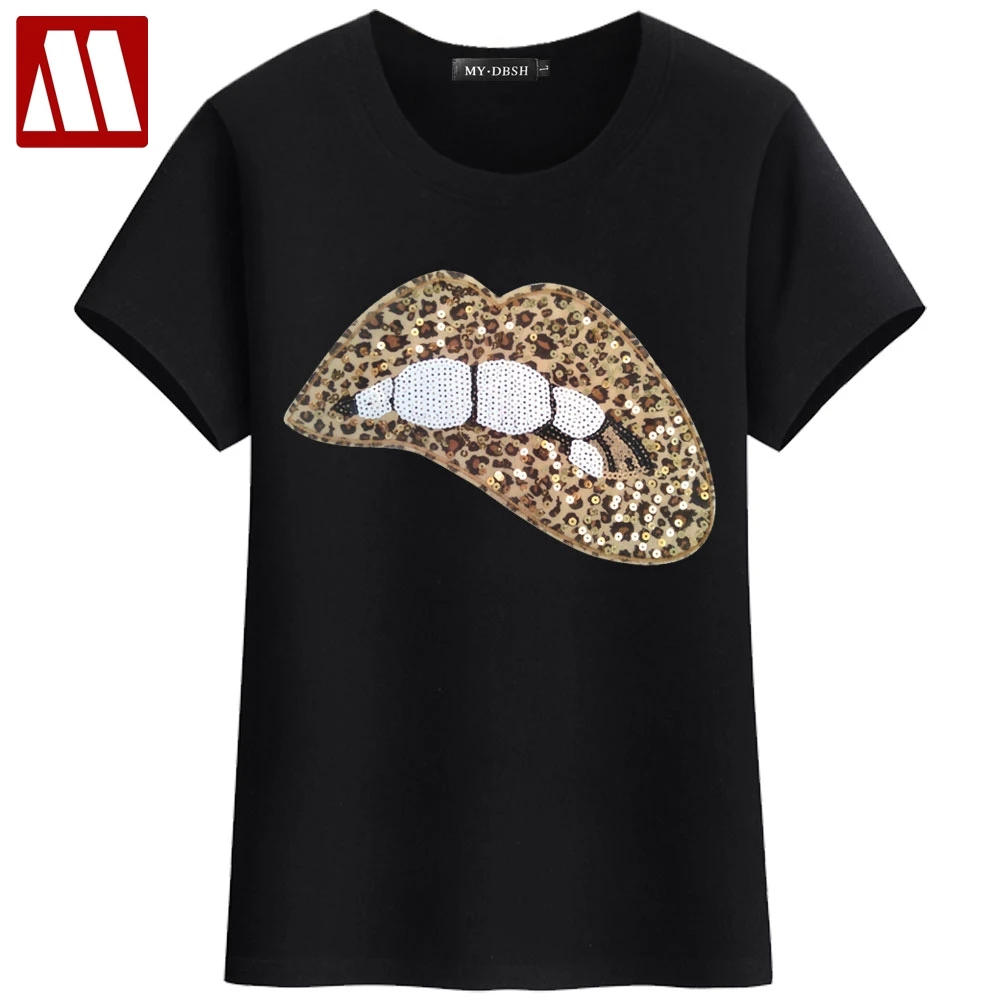 

Harajuku Ladies Biting lips paillette T-shirt Summer New Women's Casual leopard Lip Sequined Tops Tees Female Lipstick T shirts