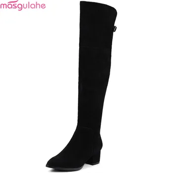 

Masgulahe fashion women boots pointed toe zipper ladies cow suede boots square heel buckle leather over the knee boots