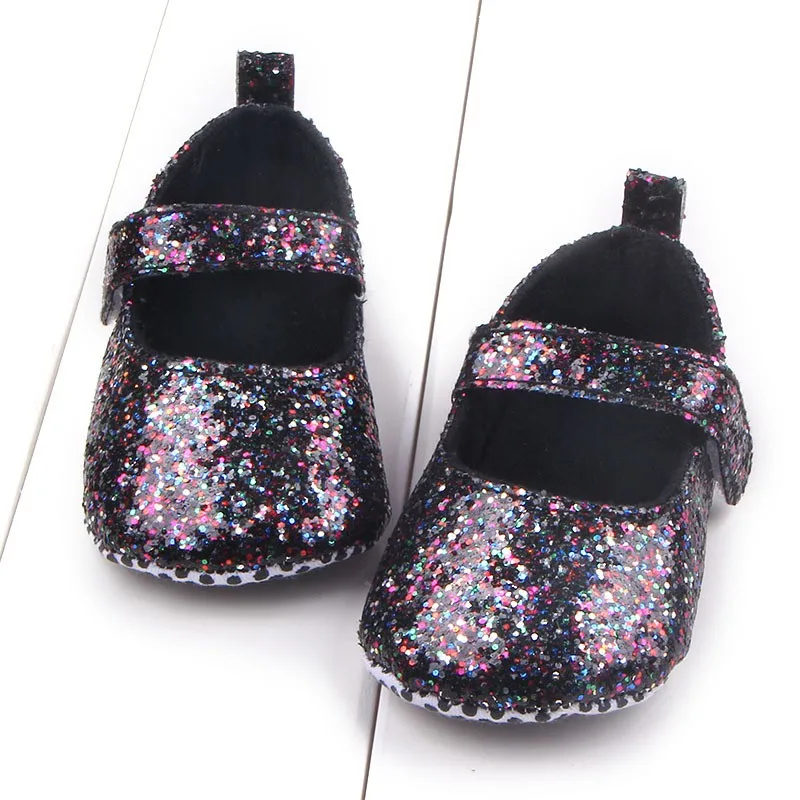 Обувь для младенцев первые шаги Дети из хлопка для девочек, платье с пайетками для детей, на мягкой подошве обувь на высоком каблуке, для маленькой принцессы обувь - Цвет: Черный