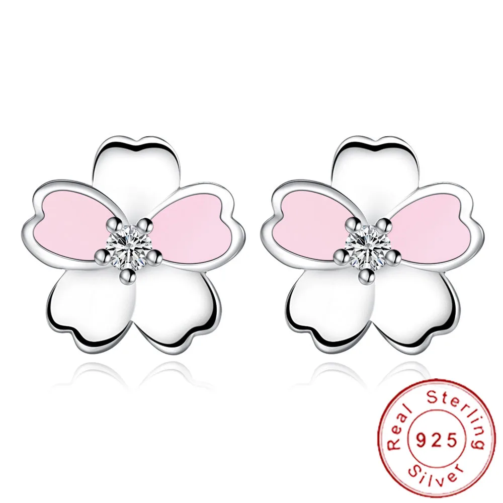 

Simple Korean Solid 925 Sterling Silver Minimal Pink Enamel Sakura Stud Earrings Female Small Minimalist Earnings SE142
