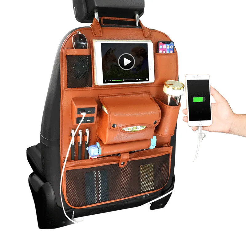 Car Organizer Back Seat Bag 4 USB Charger Phone Storage PU Leather Travel Multifunction Pocket Stowing Tidying Auto Accessories