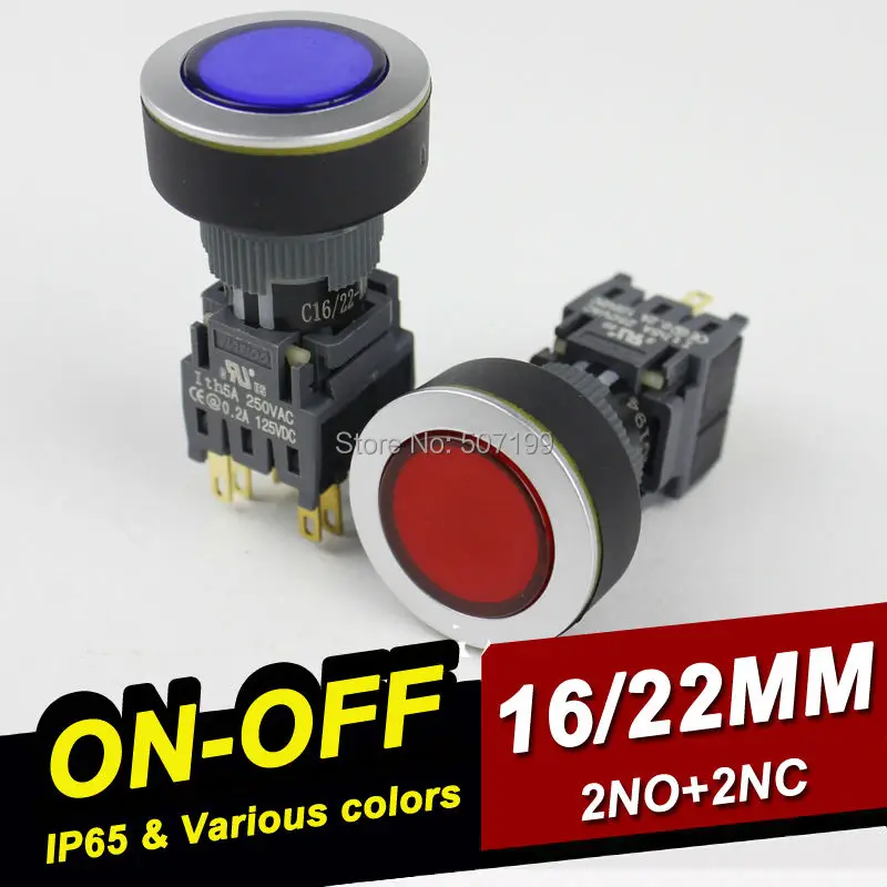 10pcs/lot 16/22mm momentary/ reset push button switch with various color DPDT 8pinsin Switches