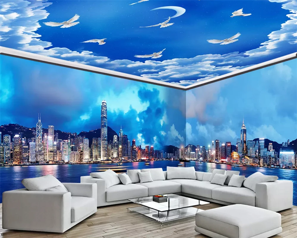 

beibehang behang Customized large photo wallpaper Hong Kong night scene sea sky full house background flash wallpaper Vinyl wall