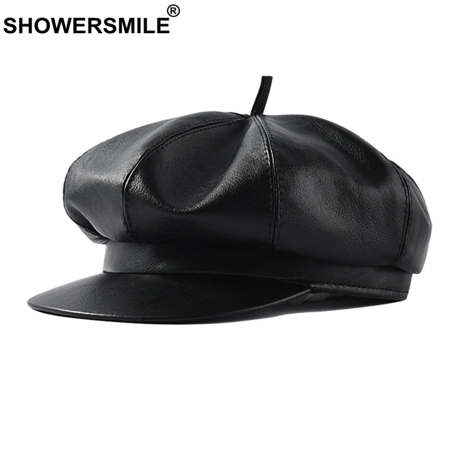 SHOWERSMILE кожаная кепка Newsboy женская черная винтажная шапка художника Женская британская Весенняя Осенняя Кепка Гэтсби Ретро женская шляпа художника