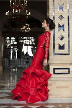 Vintage Rote Spitze Abendkleid Open Back Formal Meerjungfrau Langarm Prom Kleider Vestido De Renda formales partei-kleid PD138