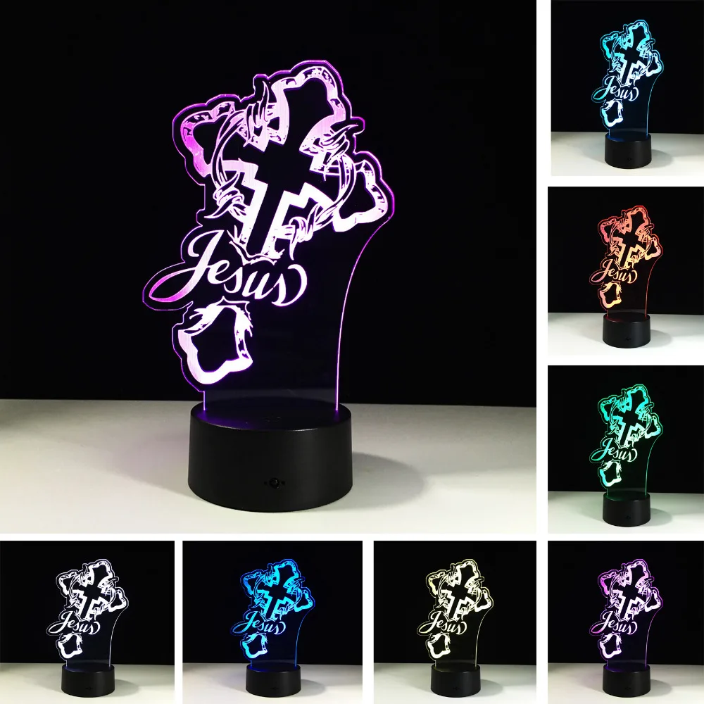 

3D Stylish Crucifix The Cross Jesus Night Light LED USB 7 Color Change Illusion Table Desk Lamp Visual Bulb Bedroom Chirst Home