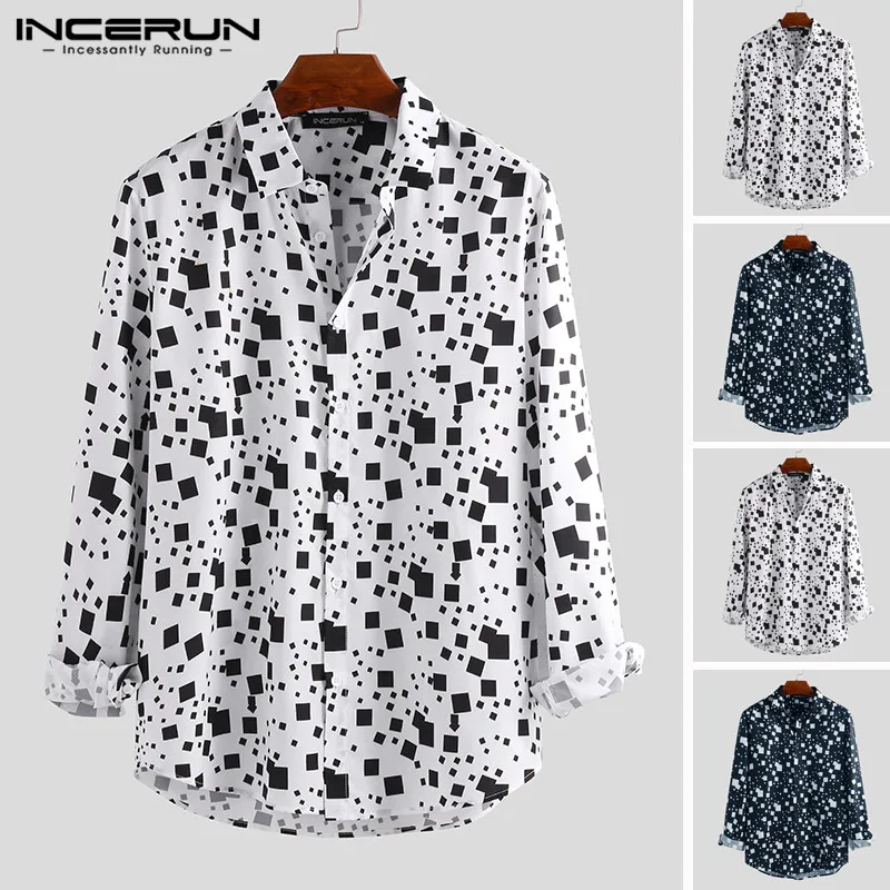 

INCERUN 2019 Fashion Men Dress Shirt Printing Slim Fit Long Sleeve Lapel Neck Basic Brand Shirts Casual Business Tops Camisa 5XL
