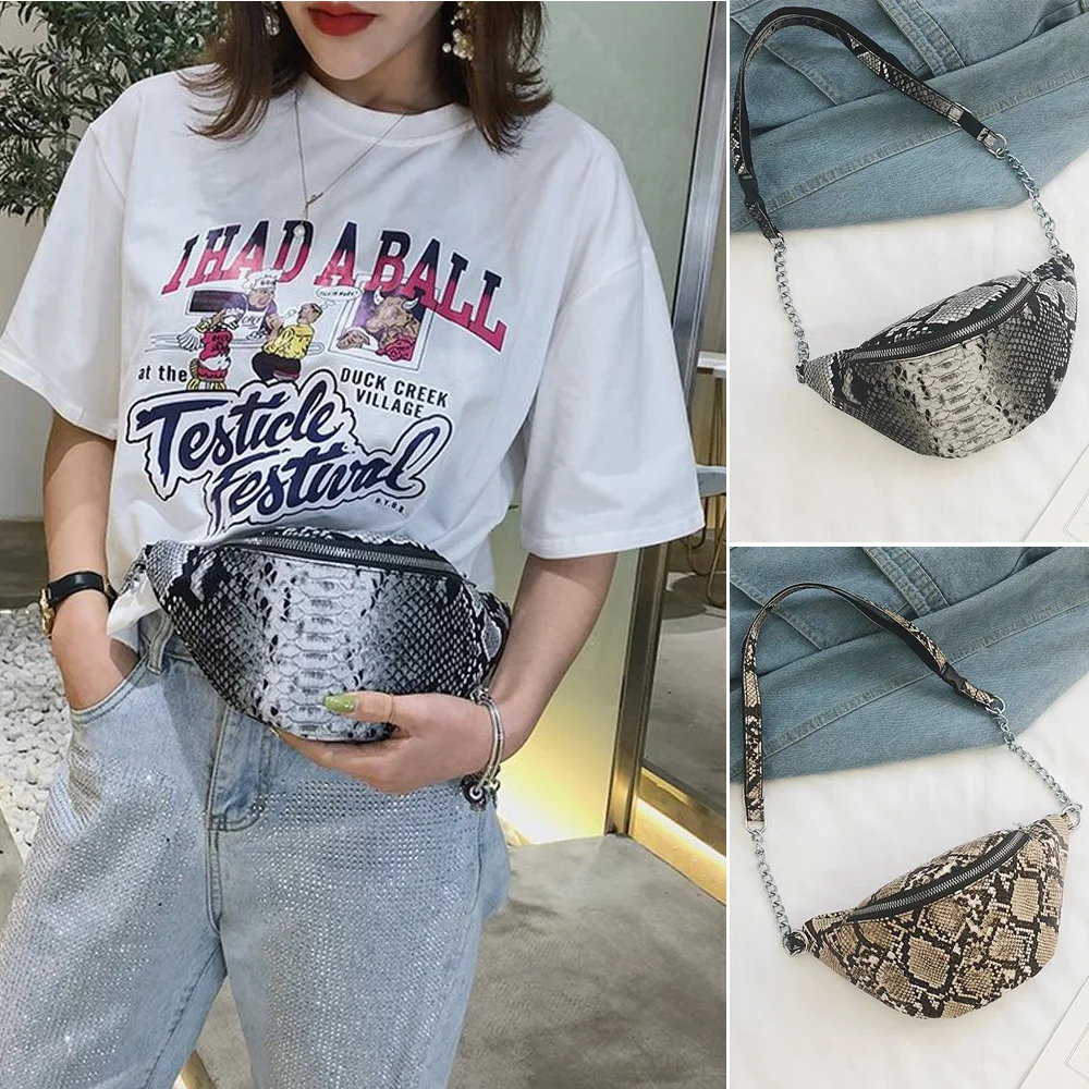 New Style Fashion Snake Pattern Chain Shoulder Waist Bags Fanny Pack Travel Waist Festival Money Belt PU Leather Holiday