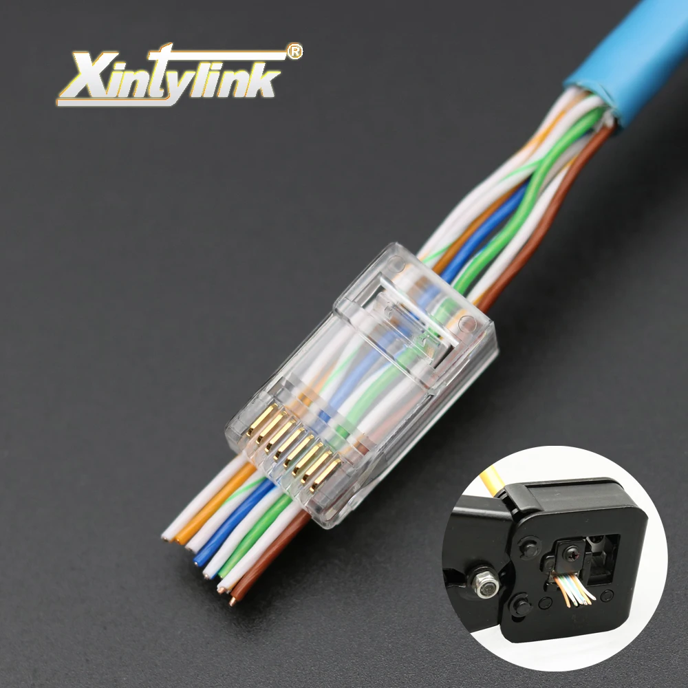 xintylink EZ rj45 connector ethernet cable plug cat6 network 8P8C gold plated unshielded modular utp terminals have hole 50pcs xintylink 50pcs rj45 connector rj45 plug cat6 network connector gold plated utp male 8p8c unshielded ethernet connector load bar