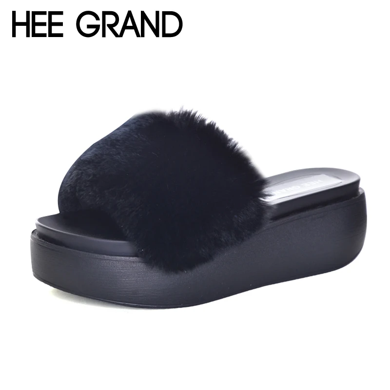 

HEE GRAND Beach Faux Fur Slippers 2017 Flat with Slides Casual Platform Shoes Woman Winter Warm Outside Slip On Creepers XWT891