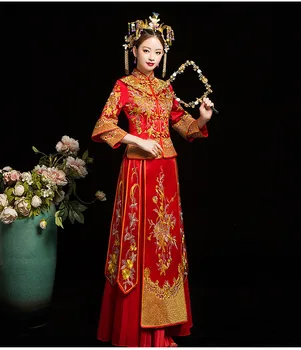 

Women Phoenix Embroidery Wedding Dress Bride Traditions Traditional Evening Gown Chinese Cheongsam Red Long Sleeve Qipao