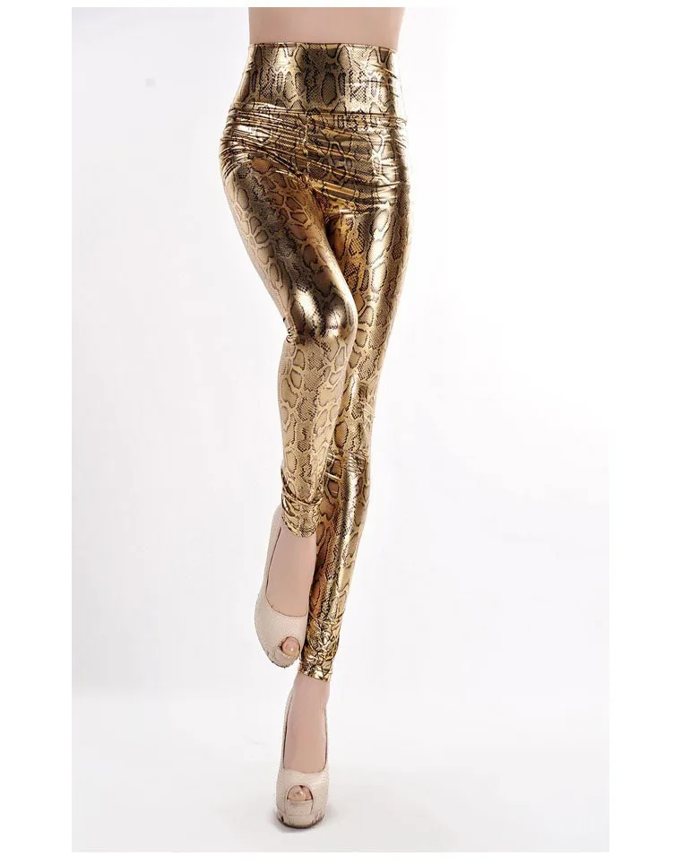 adidas leggings Lady fashion slim leggings High Waist Skinny legging women black gold snake printed pant small size faux leather pants fishnet leggings