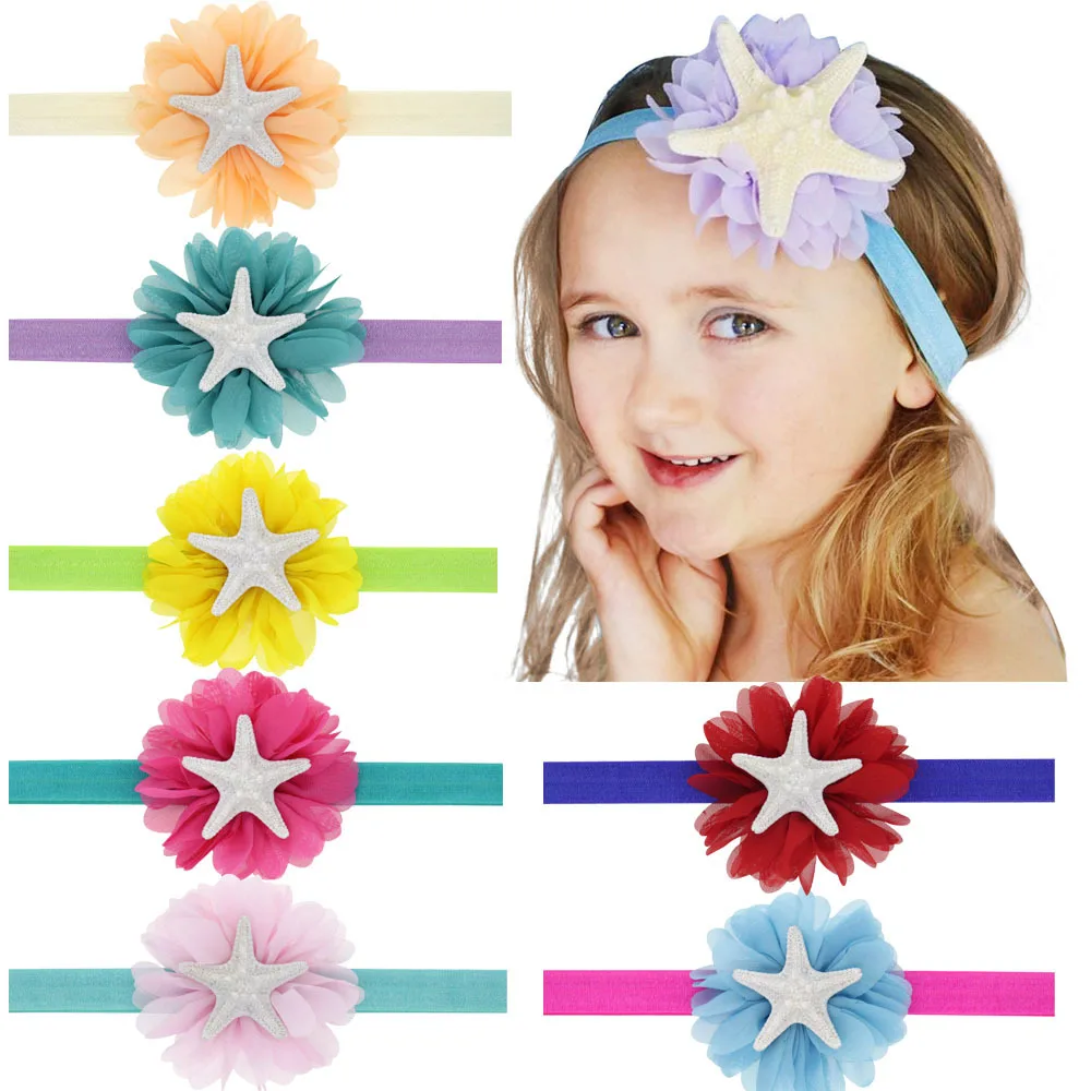 Nishine Chiffon Flower with Starfish Rhinestone Headband Little Mermaid Inspired Hairband Hair Accessories Birthday Gift |